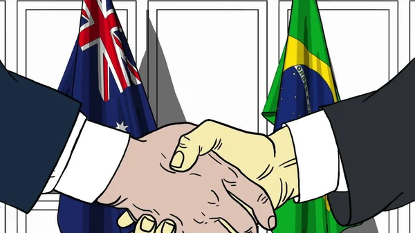 Empresários ou políticos apertando as mãos contra bandeiras da Austrália e do Brasil. ilustração cartoon relacionados com reuniões ou cooperação — Fotografia de Stock