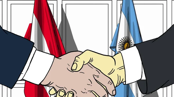 Zakenlieden of politici schudden handen tegen vlaggen van Oostenrijk en Argentinië. Officiële bijeenkomst of samenwerking gerelateerde cartoon afbeelding — Stockfoto