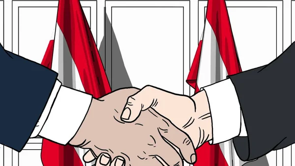 Businessmen or politicians shake hands against flags of Austria. Official meeting or cooperation related cartoon illustration — Stock Photo, Image