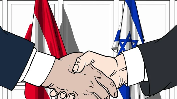 Affärsmän eller politiker skakar hand mot flaggor av Österrike och Israel. Officiellt möte eller samarbete med tecknad illustration — Stockfoto