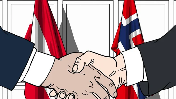 Affärsmän eller politiker skakar hand mot flaggor av Österrike och Norge. Officiellt möte eller samarbete med tecknad illustration — Stockfoto