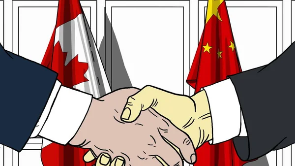 Businessmen or politicians shaking hands against flags of Canada and China. Meeting or cooperation related cartoon illustration — Stock Photo, Image