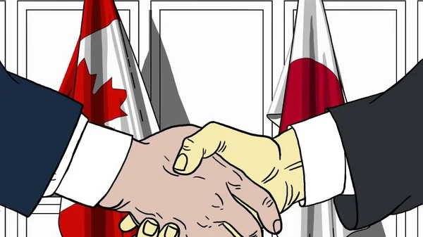 İş adamları veya bayraklar, Kanada ve Japonya karşı tokalaşırken politikacılar. Toplantı veya işbirliği karikatür çizimi ile ilgili — Stok fotoğraf