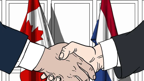 Forretningsfolk eller politikere, der giver hånd mod Canadas og Nederlandenes flag. Møde eller samarbejdsrelateret tegneserieillustration - Stock-foto