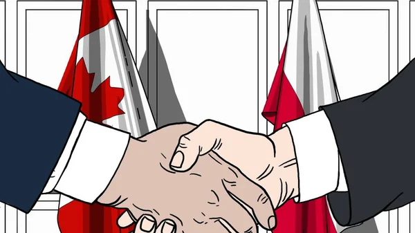 Forretningsmænd eller politikere giver hånd mod flag fra Canada og Polen. Officielt møde eller samarbejdsrelateret tegneserieillustration - Stock-foto