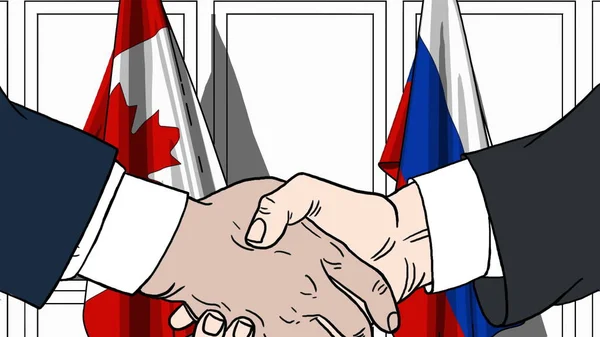 Empresários ou políticos apertando as mãos contra bandeiras do Canadá e da Rússia. ilustração cartoon relacionados com reuniões ou cooperação — Fotografia de Stock