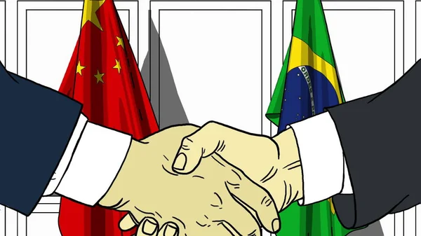 Geschäftsleute oder Politiker schütteln Hände gegen Flaggen aus China und Brasilien. Treffen oder Zusammenarbeit im Zusammenhang mit Cartoon Illustration — Stockfoto