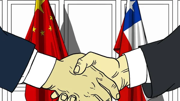 Businessmen or politicians shake hands against flags of China and Chile. Official meeting or cooperation related cartoon illustration — Stock Photo, Image