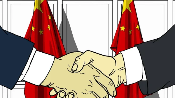 Businessmen or politicians shaking hands against flags of China. Meeting or cooperation related cartoon illustration — Stock Photo, Image