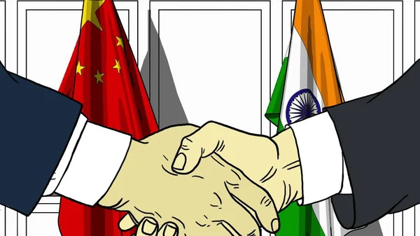 Businessmen or politicians shaking hands against flags of China and India. Meeting or cooperation related cartoon illustration — Stock Photo, Image