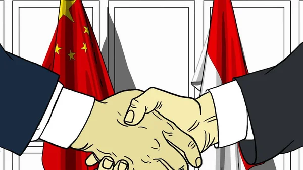 商人或政界人士对中国和印尼国旗握手。会议或合作相关卡通插图 — 图库照片