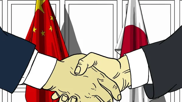 商人或政界人士对中国和日本国旗握手。会议或合作相关卡通插图 — 图库照片