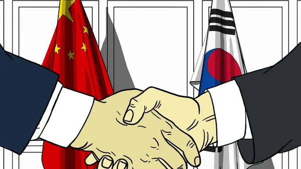 Empresarios o políticos estrechando las manos contra las banderas de China y Corea. Reunión o cooperación ilustración de dibujos animados relacionados — Foto de Stock