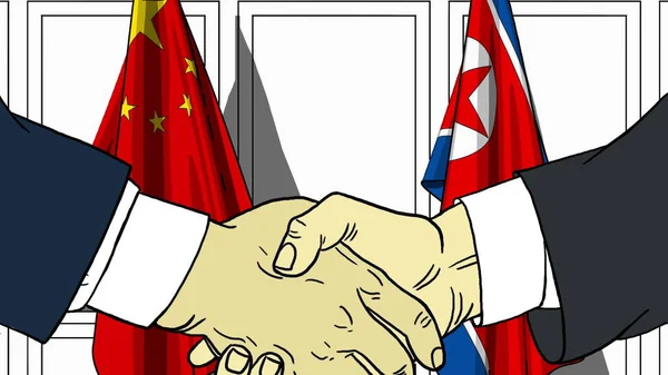 Geschäftsleute oder Politiker schütteln Hände gegen Flaggen aus China und Nordkorea. offizielles Treffen oder Zusammenarbeit im Zusammenhang mit Cartoon Illustration — Stockfoto