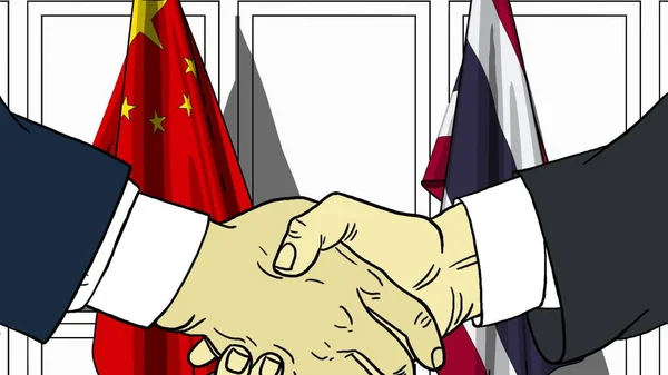 Geschäftsleute oder Politiker schütteln Hände gegen Flaggen aus China und Thailand. offizielles Treffen oder Zusammenarbeit im Zusammenhang mit Cartoon Illustration — Stockfoto