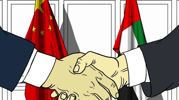 Empresários ou políticos apertam as mãos contra bandeiras da China e dos Emirados Árabes Unidos. Reunião oficial ou ilustração de desenhos animados relacionados com a cooperação — Fotografia de Stock