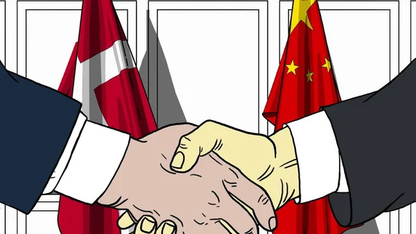 Biznesmenów i polityków uścisnąć dłoń przed flagi dania i Chiny. Oficjalne spotkanie lub współpracy z ilustracja kreskówka — Zdjęcie stockowe
