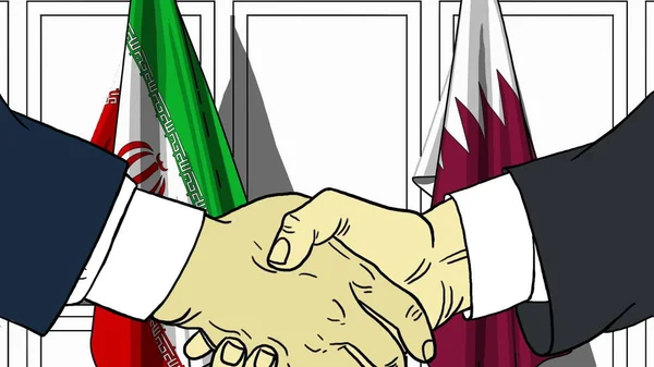 Empresários ou políticos apertam as mãos contra bandeiras do Irã e do Qatar. Reunião oficial ou ilustração de desenhos animados relacionados com a cooperação — Fotografia de Stock