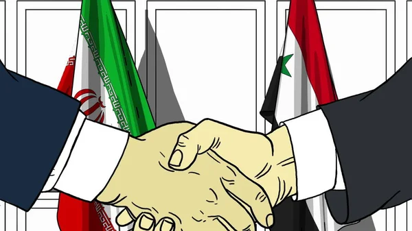 Biznesmenów i polityków uścisnąć dłoń przed flagi Iranu i Syrii. Oficjalne spotkanie lub współpracy z ilustracja kreskówka — Zdjęcie stockowe