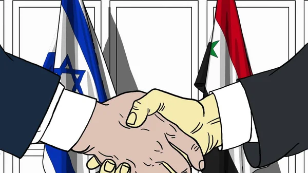 Zakenlieden of politici schudden handen tegen vlaggen van Israël en Syrië. Officiële bijeenkomst of samenwerking gerelateerde cartoon afbeelding — Stockfoto