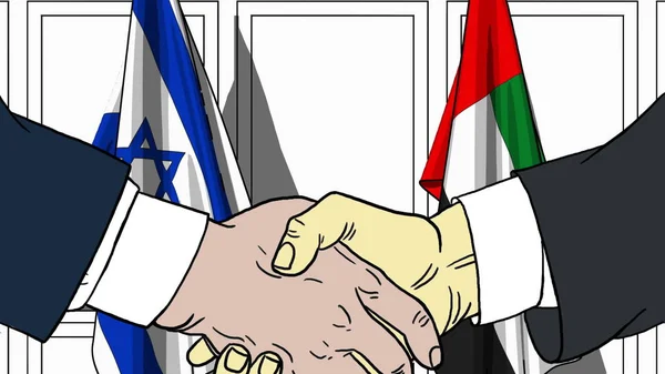 Forretningsmænd eller politikere giver hånd mod flag Israel og De Forenede Arabiske Emirater. Officielt møde eller samarbejdsrelateret tegneserieillustration - Stock-foto