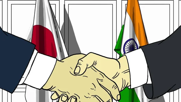Podnikatelé či politici potřesení rukou proti vlajkami Japonska a Indie. Schůzky nebo spolupráci související kreslený obrázek — Stock fotografie