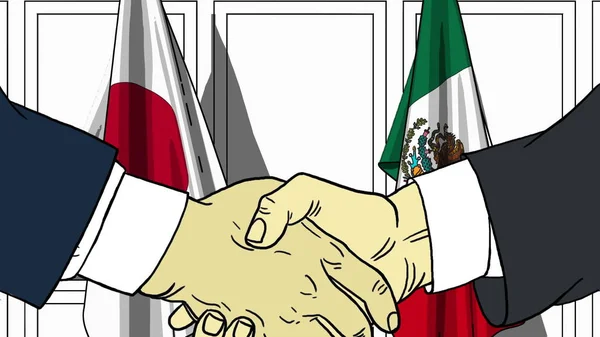 Businessmen or politicians shaking hands against flags of Japan and Mexico. Meeting or cooperation related cartoon illustration — Stock Photo, Image