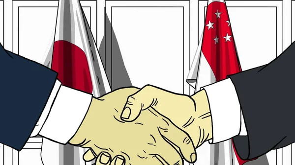 Geschäftsleute oder Politiker schütteln Hände gegen Fahnen von Japan und Singapore. offizielles Treffen oder Zusammenarbeit im Zusammenhang mit Cartoon Illustration — Stockfoto