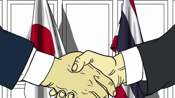 Businessmen or politicians shake hands against flags of Japan and Thailand. Official meeting or cooperation related cartoon illustration — Stock Photo, Image