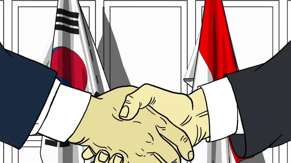 Affärsmän eller politiker skakar hand mot flaggor i Korea och Indonesien. Möte eller samarbete med tecknad illustration — Stockfoto