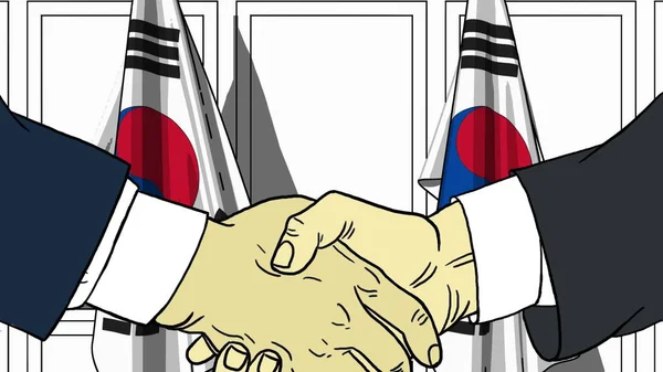 Uomini d'affari o politici stringono la mano contro le bandiere della Corea del Sud. Illustrazione dei cartoni animati relativi alla riunione o alla cooperazione — Foto Stock