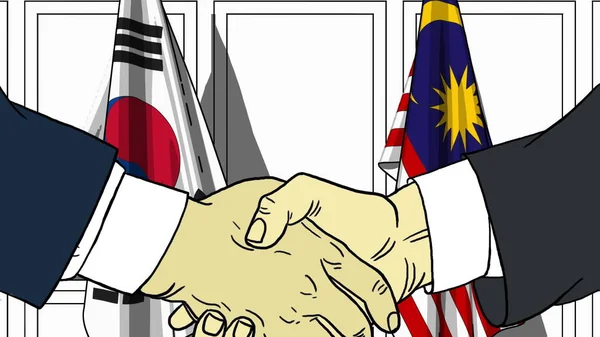 Zakenlieden of politici schudden handen tegen vlaggen van Korea en Maleisië. Officiële bijeenkomst of samenwerking gerelateerde cartoon afbeelding — Stockfoto