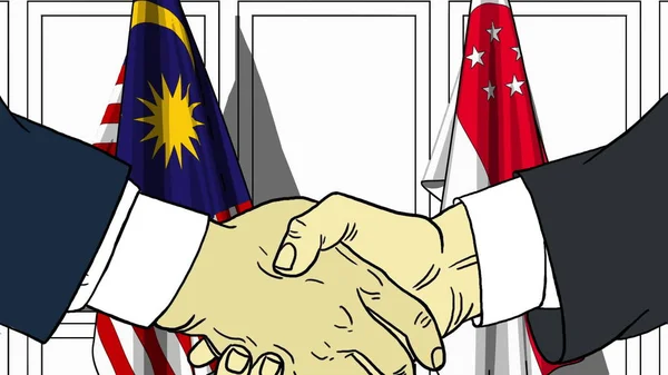 Affärsmän eller politiker skakar hand mot flaggor i Malaysia och Singapore. Officiellt möte eller samarbete med tecknad illustration — Stockfoto