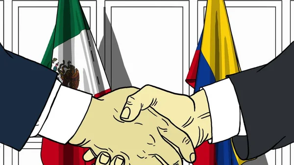 Empresarios o políticos se dan la mano contra banderas de México y Colombia. Reunión oficial o ilustración de dibujos animados relacionados con la cooperación — Foto de Stock