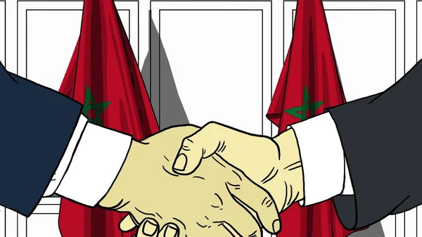 商人或政界人士与摩洛哥国旗握手。正式会议或合作相关卡通插图 — 图库照片
