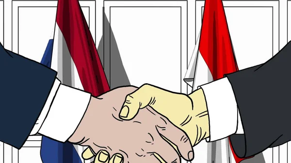 Geschäftsleute oder Politiker schütteln Hände gegen Flaggen der Niederlande und Indonesiens. Treffen oder Zusammenarbeit im Zusammenhang mit Cartoon Illustration — Stockfoto