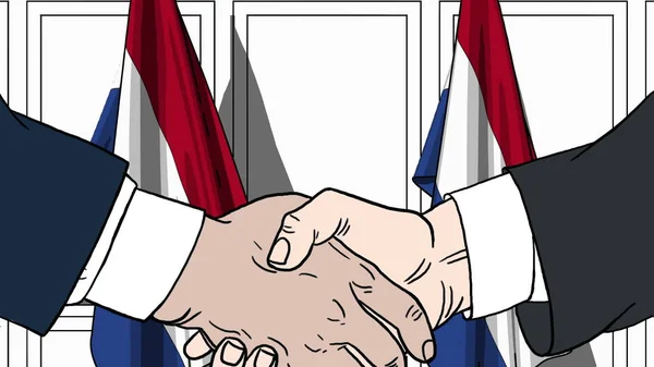 Businessmen or politicians shaking hands against flags of Netherlands. Meeting or cooperation related cartoon illustration — Stock Photo, Image