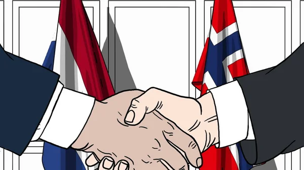Empresários ou políticos apertam as mãos contra bandeiras dos Países Baixos e da Noruega. Reunião oficial ou ilustração de desenhos animados relacionados com a cooperação — Fotografia de Stock