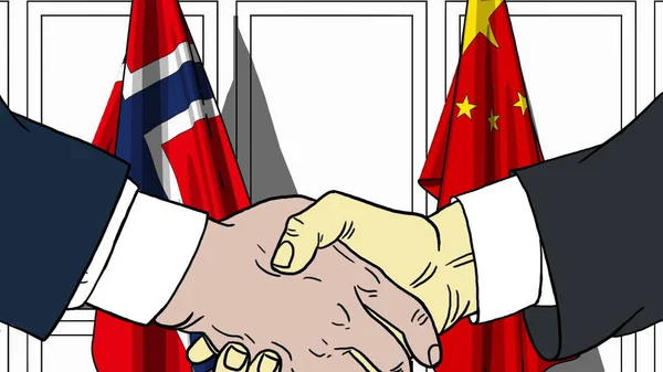 Businessmen or politicians shake hands against flags of Norway and China. Official meeting or cooperation related cartoon illustration — Stock Photo, Image