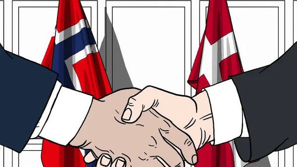 Affärsmän eller politiker skakar hand mot flaggor av Norge och Danmark. Officiellt möte eller samarbete med tecknad illustration — Stockfoto