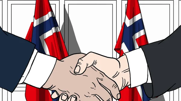 Affärsmän eller politiker skakar hand mot flaggor av Norge. Officiellt möte eller samarbete med tecknad illustration — Stockfoto