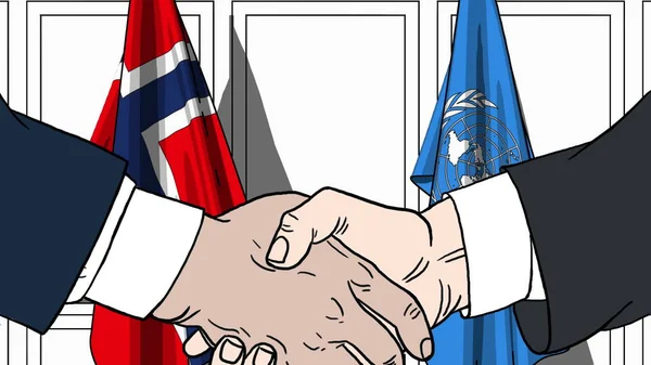 Empresários ou políticos apertam as mãos contra bandeiras da Noruega e das Nações Unidas. Ilustrações editoriais relacionadas com reuniões oficiais ou cooperação — Fotografia de Stock