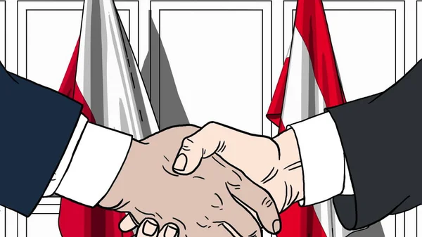 İş adamları veya politikacılar bayrakları, Polonya ve Avusturya karşı el sıkışın. Resmi toplantı veya işbirliği karikatür çizimi ile ilgili — Stok fotoğraf