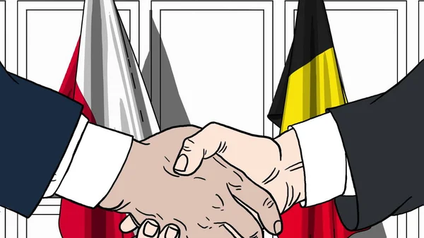 Geschäftsleute oder Politiker schütteln Hände gegen Flaggen aus Polen und Belgien. offizielles Treffen oder Zusammenarbeit im Zusammenhang mit Cartoon Illustration — Stockfoto