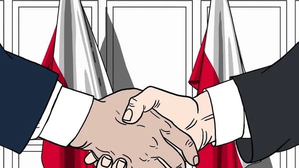 Empresários ou políticos apertam as mãos contra bandeiras da Polônia. Reunião oficial ou ilustração de desenhos animados relacionados com a cooperação — Fotografia de Stock