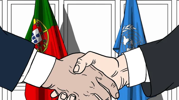 Επιχειρηματίες ή πολιτικοί χειραψία κατά σημαίες της Πορτογαλίας και των Ηνωμένων Εθνών. Επίσημη συνάντηση ή συνεργασίας που σχετίζονται με εκδοτική εικονογράφηση — Φωτογραφία Αρχείου