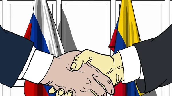 Zakenlieden of politici schudden handen tegen de lijst van vlaggen van Rusland en Colombia. Officiële bijeenkomst of samenwerking gerelateerde cartoon afbeelding — Stockfoto