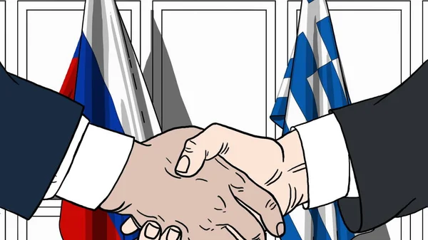 Uomini d'affari o politici stringono la mano contro le bandiere di Russia e Grecia. Riunione ufficiale o illustrazione dei cartoni animati relativi alla cooperazione — Foto Stock