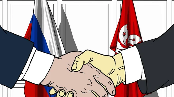 Бизнесмены или политики пожимают руку флагу России и Гонконга. Официальная иллюстрация встречи или сотрудничества — стоковое фото