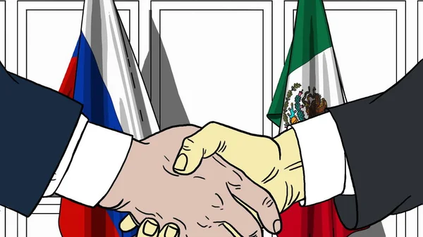 Empresarios o políticos estrechando las manos contra banderas de Rusia y México. Reunión o cooperación ilustración de dibujos animados relacionados —  Fotos de Stock